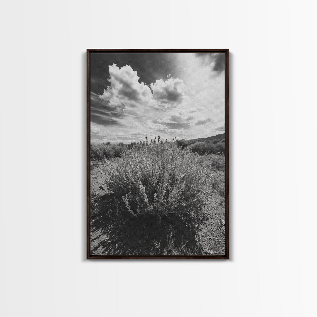Desert Sage, Cloud Sky, Nature Wall Decor, Framed Canvas Print, Minimalist Art, Boho Style, Neutral Tones, Entryway Botanical Print