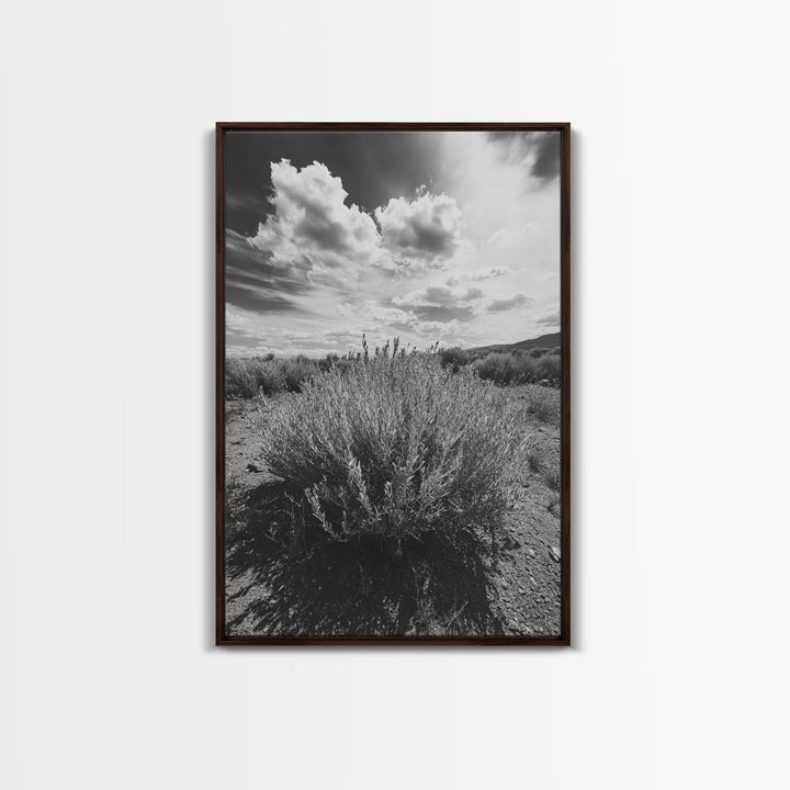 Desert Sage, Cloud Sky, Nature Wall Decor, Framed Canvas Print, Minimalist Art, Boho Style, Neutral Tones, Entryway Botanical Print