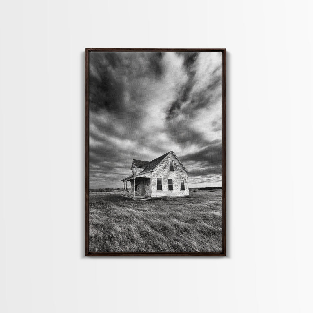 Abandoned House, Windy Prairie, Haunted Landscape, Framed Canvas Print, Fall Wall Art, Rural Home Decor, Moody Halloween Style