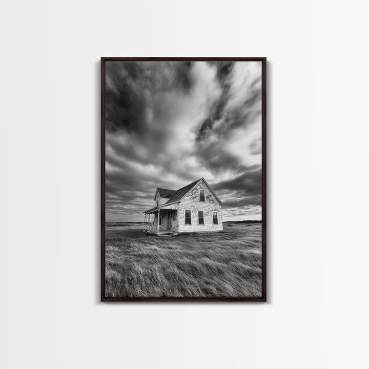 Abandoned House, Windy Prairie, Haunted Landscape, Framed Canvas Print, Fall Wall Art, Rural Home Decor, Moody Halloween Style