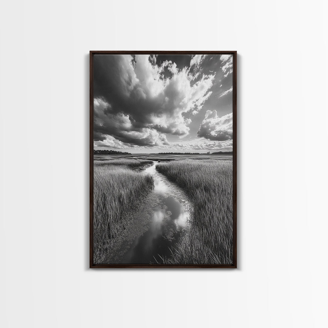 Marshland Stream, Dramatic Clouds, Nature Reflection, Canvas Print, Minimalist Landscape, Bathroom Art, Earthy Tones, Zen Mood