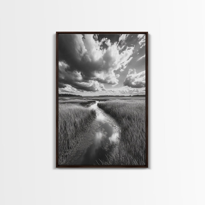 Marshland Stream, Dramatic Clouds, Nature Reflection, Canvas Print, Minimalist Landscape, Bathroom Art, Earthy Tones, Zen Mood