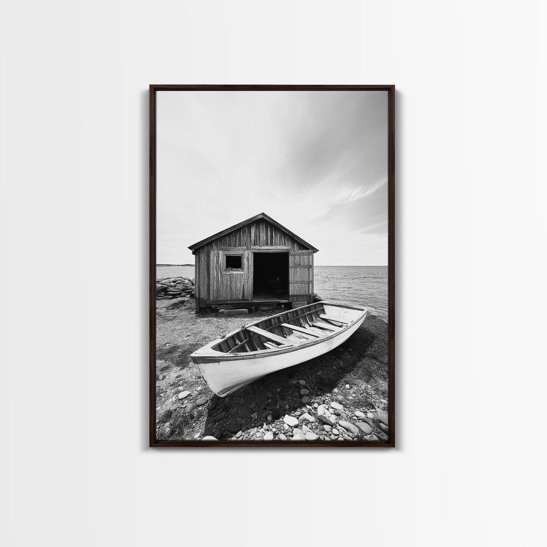Shore Cabin, Rowboat Rest, Coastal Cabin, Serene Shoreline, Canvas Print, Lake House Wall Art, Rustic Decor, Living Room Seaside Art