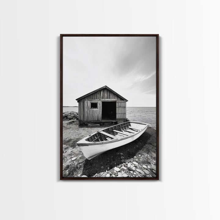 Shore Cabin, Rowboat Rest, Coastal Cabin, Serene Shoreline, Canvas Print, Lake House Wall Art, Rustic Decor, Living Room Seaside Art