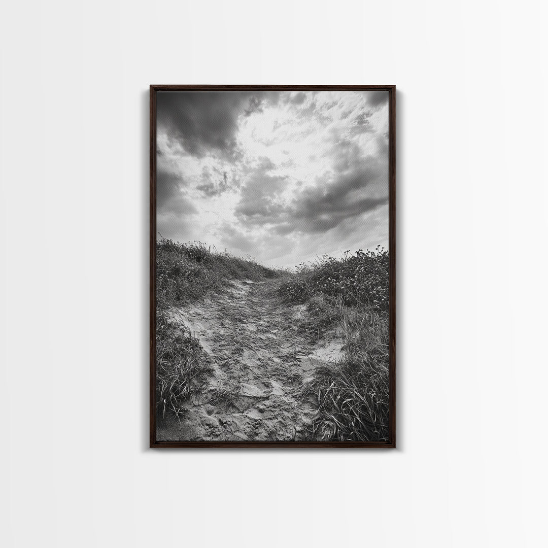 Sandy Trail, Ocean Path, Windy Grass, Moody Sky, Framed Canvas Print, coastal nature photography, hallway decor, rustic neutral art