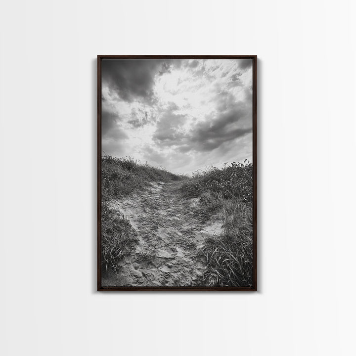 Sandy Trail, Ocean Path, Windy Grass, Moody Sky, Framed Canvas Print, coastal nature photography, hallway decor, rustic neutral art