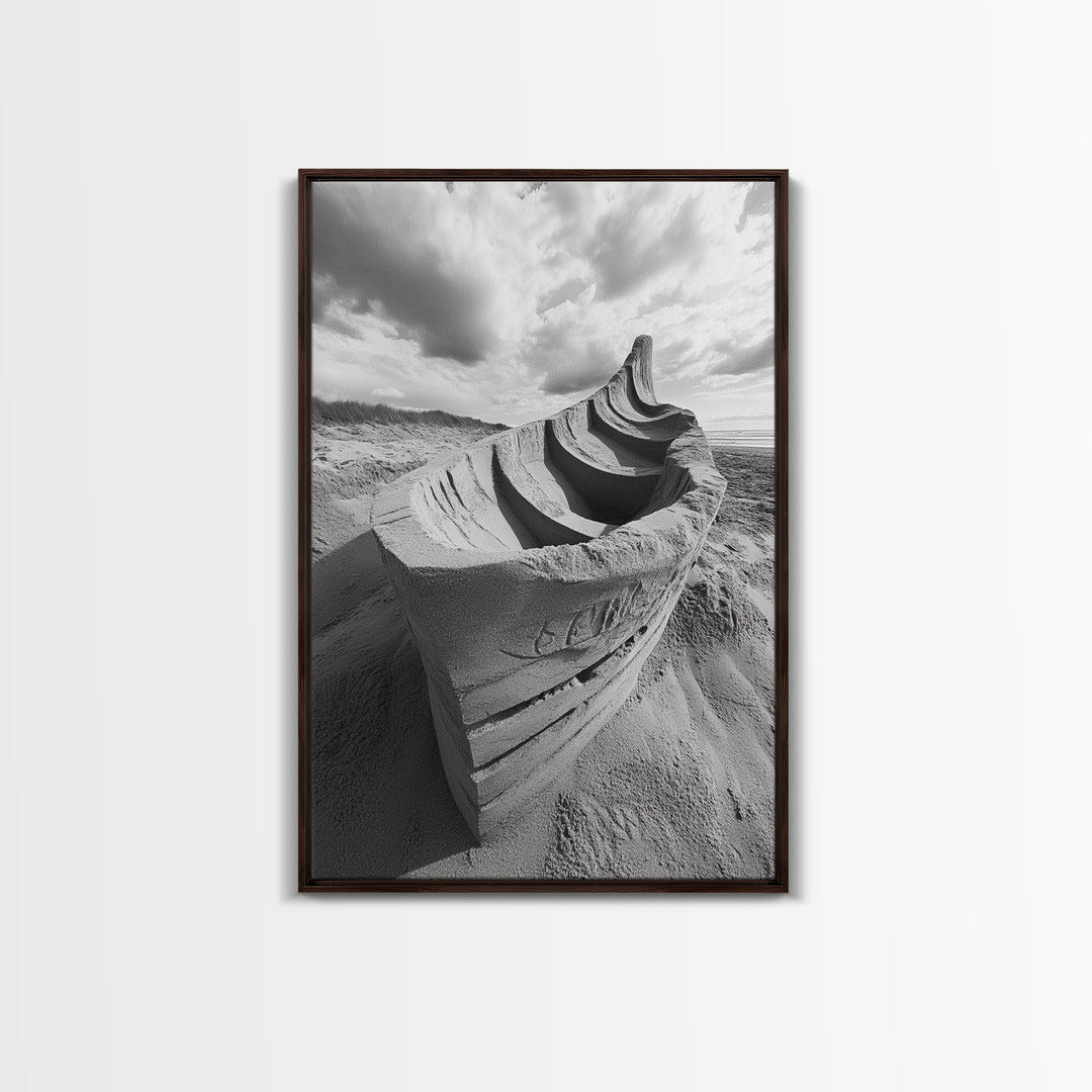 Sand Boat, Beach Sculpture, Dramatic Clouds, Textured Art, Framed Canvas Print, nautical wall art, coastal boho decor, modern beach print