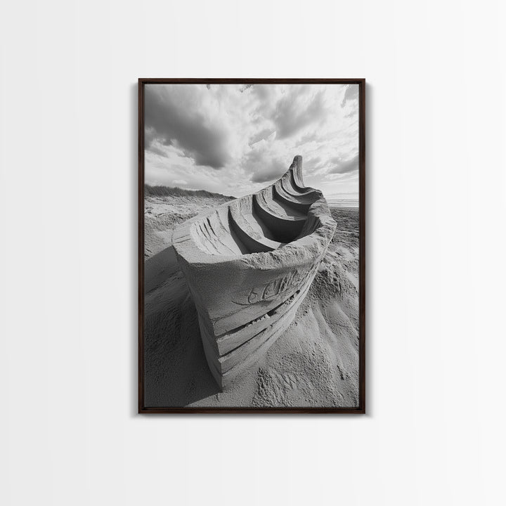 Sand Boat, Beach Sculpture, Dramatic Clouds, Textured Art, Framed Canvas Print, nautical wall art, coastal boho decor, modern beach print