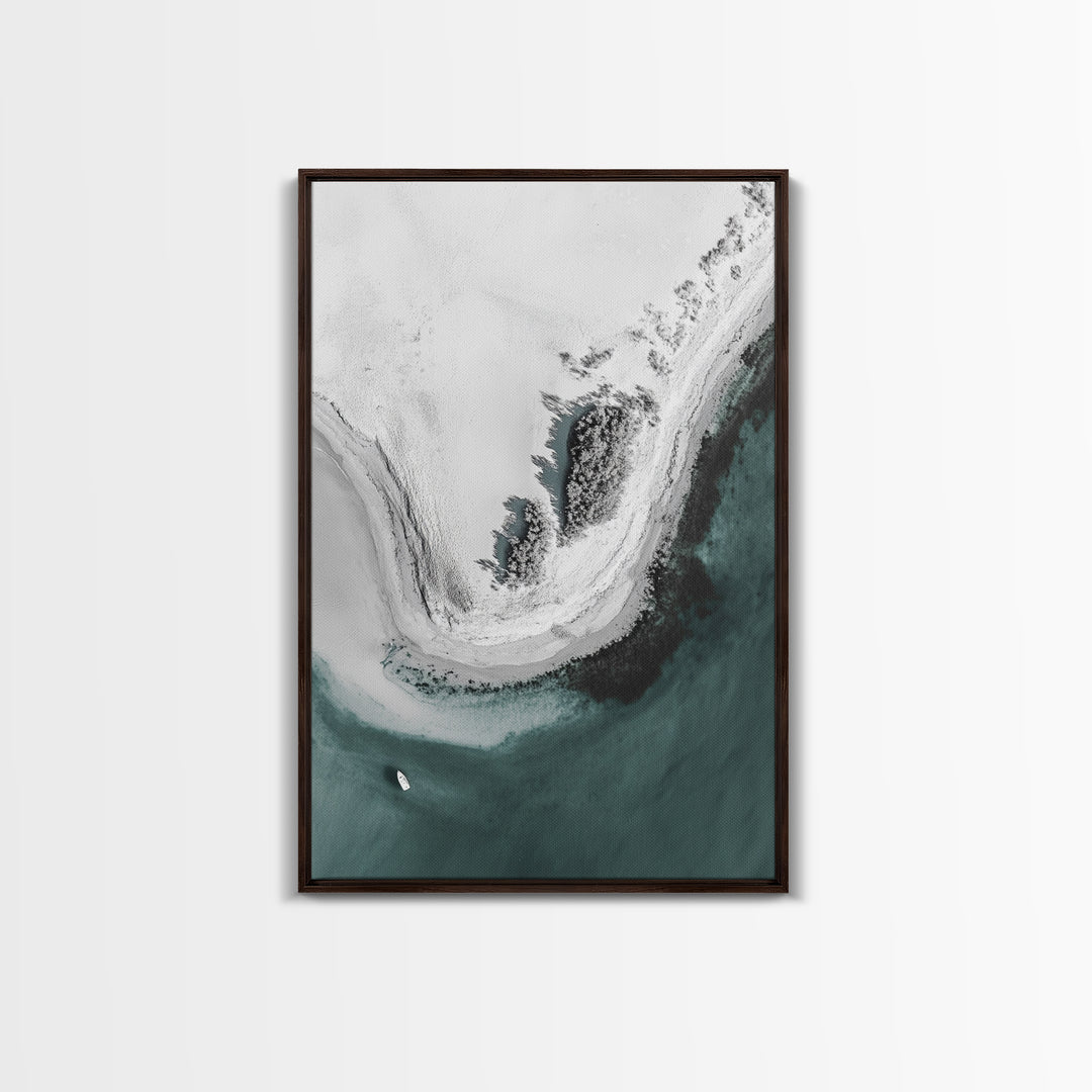 Aerial Beach, Turquoise Sea, Minimal Shoreline, Boat View, Canvas Print, coastal minimalist art, bathroom wall art, modern ocean photo