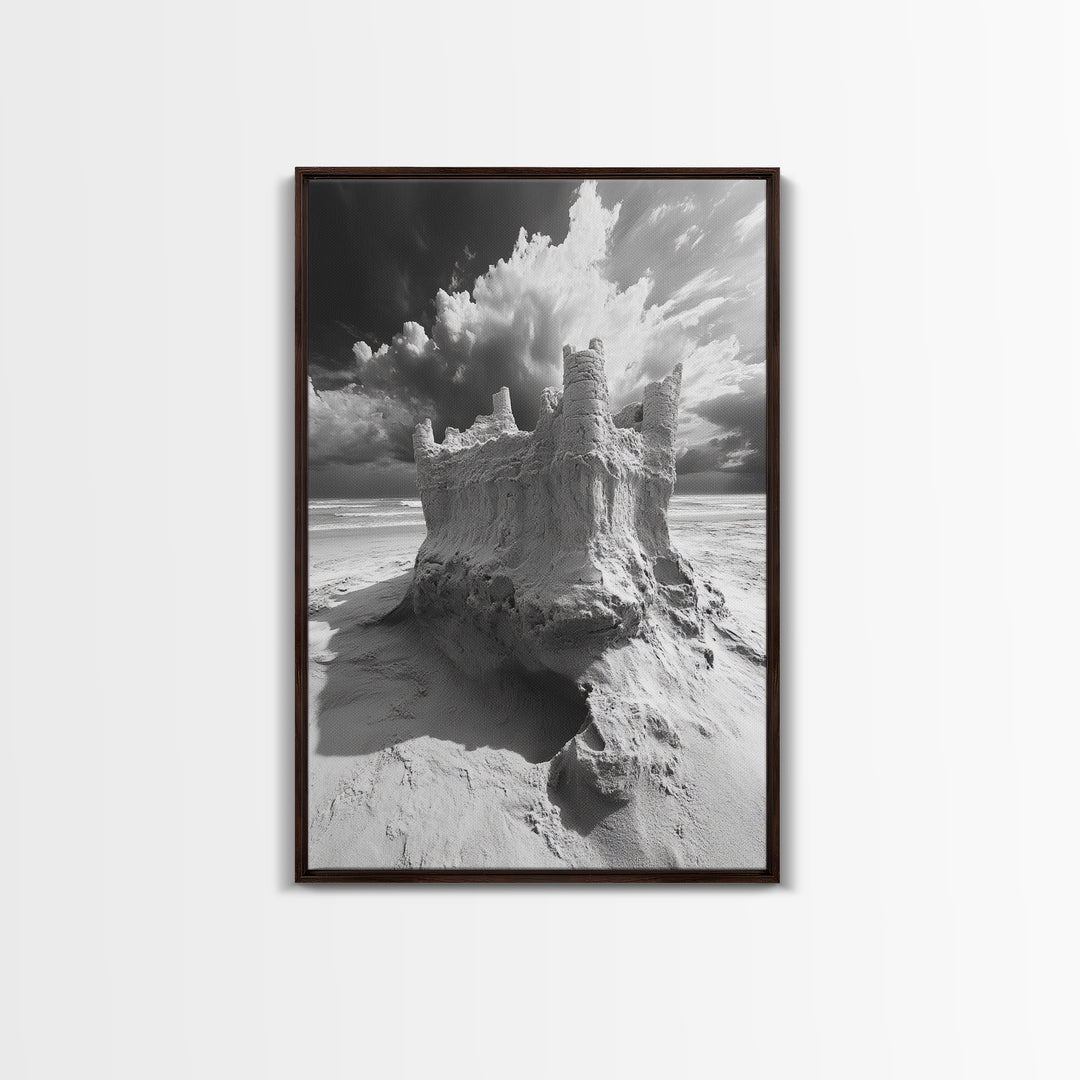 Sand Castle, Beach Fantasy, Dramatic Sky, Coastal Fortress, Framed Canvas Print, whimsical decor, kids room wall art, fairytale beach scene