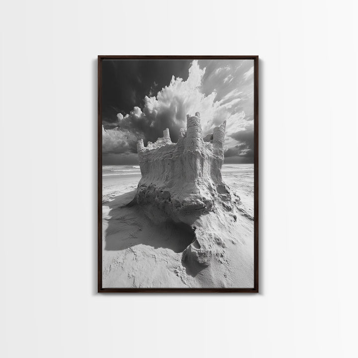 Sand Castle, Beach Fantasy, Dramatic Sky, Coastal Fortress, Framed Canvas Print, whimsical decor, kids room wall art, fairytale beach scene