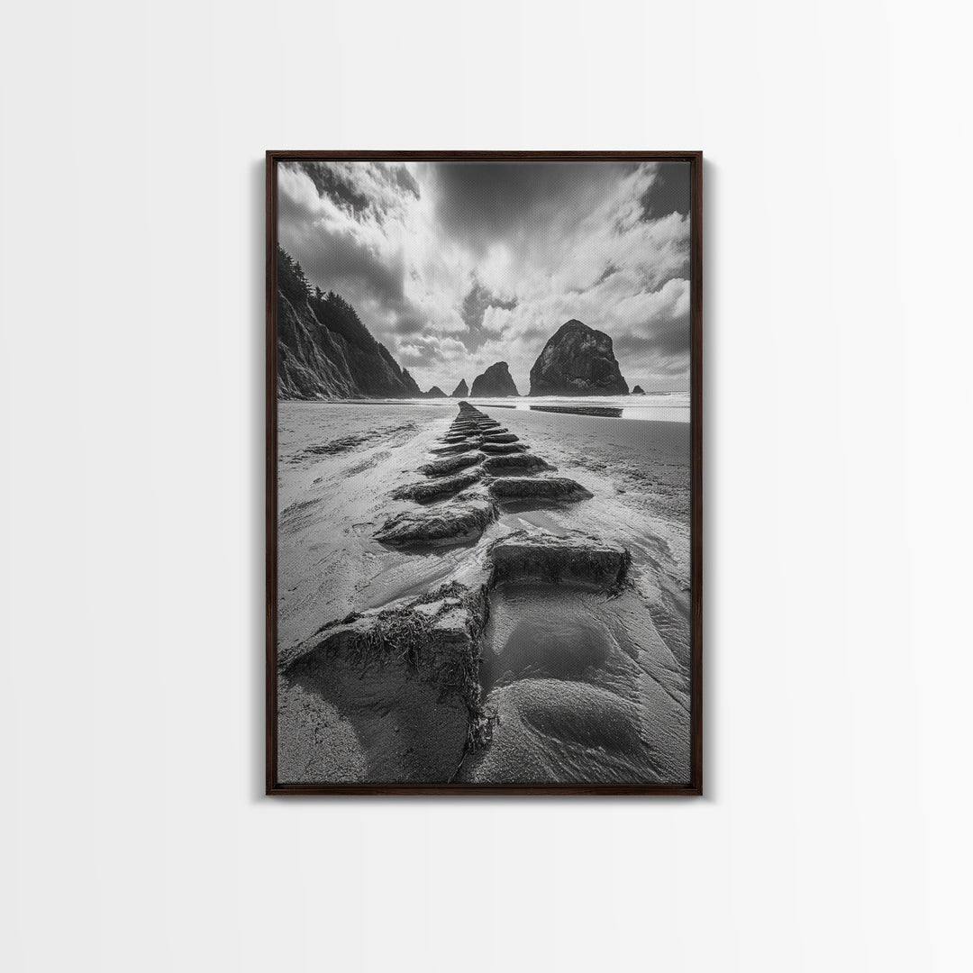 Ocean Rocks, Beach Landscape, Cloudy Sky, Rugged Coast, Canvas Print, coastal adventure wall art, living room decor, nature lover gift