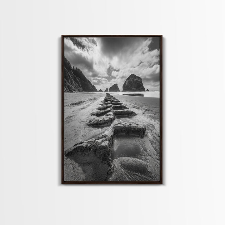 Ocean Rocks, Beach Landscape, Cloudy Sky, Rugged Coast, Canvas Print, coastal adventure wall art, living room decor, nature lover gift
