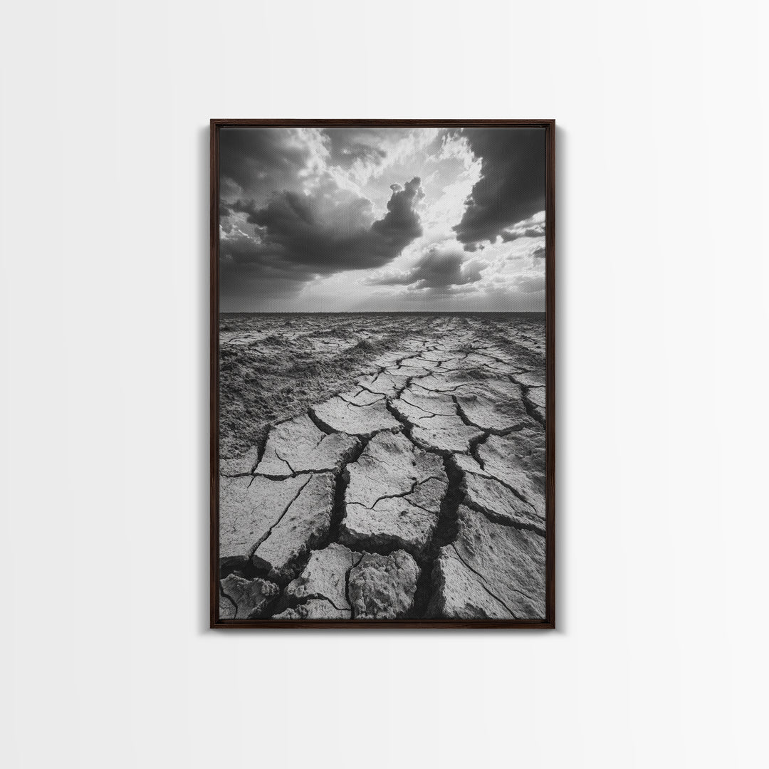 Cracked Earth, Drought Desert, Apocalyptic Sky, Dry Landscape, Canvas Print, minimalist wall decor, modern earth tones, office statement piece