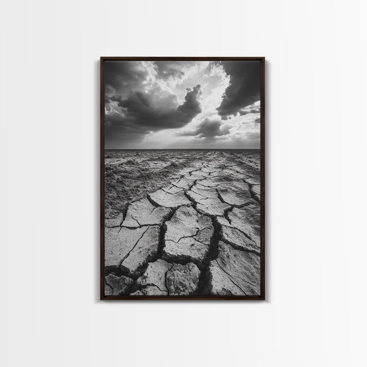 Cracked Earth, Drought Desert, Apocalyptic Sky, Dry Landscape, Canvas Print, minimalist wall decor, modern earth tones, office statement piece