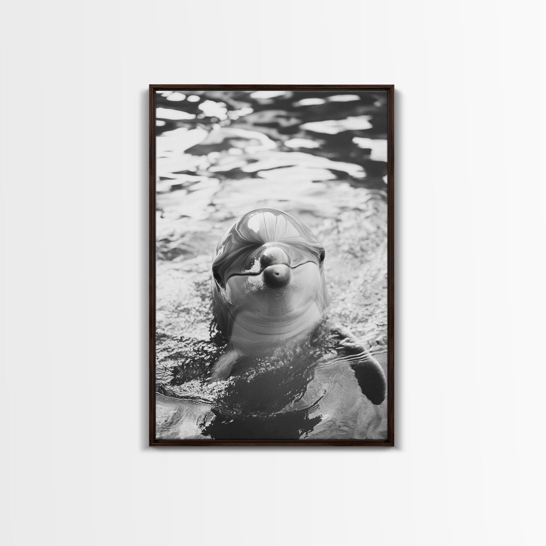 Dolphin Smile, Ocean Friend, Water Reflections, Gentle Waves, Framed Canvas Print, Kids Bathroom Art, Marine Life Decor, Playroom Artwork