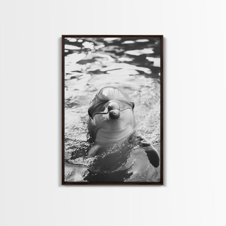 Dolphin Smile, Ocean Friend, Water Reflections, Gentle Waves, Framed Canvas Print, Kids Bathroom Art, Marine Life Decor, Playroom Artwork