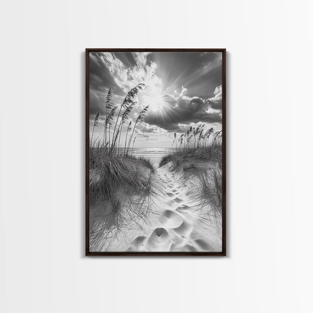 Beach Path, Seagrass Sunset, Radiant Sky, Coastal Light, Framed Canvas Print, coastal farmhouse decor, entryway art, sunshine beach scene