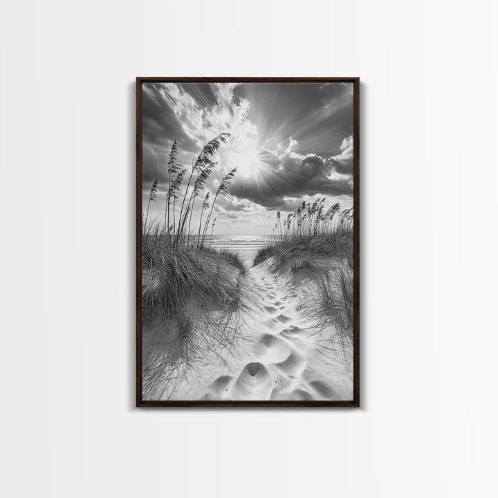 Beach Path, Seagrass Sunset, Radiant Sky, Coastal Light, Framed Canvas Print, coastal farmhouse decor, entryway art, sunshine beach scene