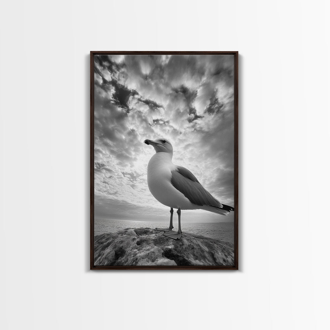 Coastal Seagull, Ocean Breeze, Serene Sky, Seaside Moment Framed Canvas Print, coastal decor, nautical bathroom wall art, nature photography