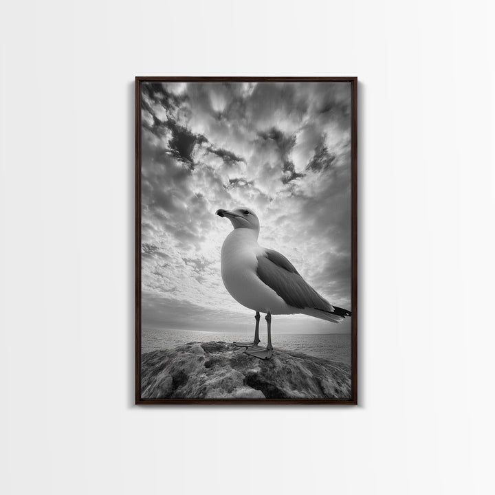 Coastal Seagull, Ocean Breeze, Serene Sky, Seaside Moment Framed Canvas Print, coastal decor, nautical bathroom wall art, nature photography