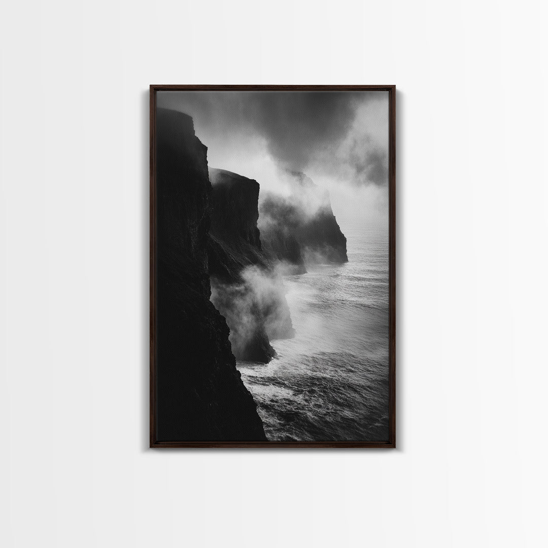 Stormy Cliffs, Ocean Fog, Monochrome Coast, Wild Nature Framed Canvas Print, moody wall art, rustic living room decor, dark aesthetic