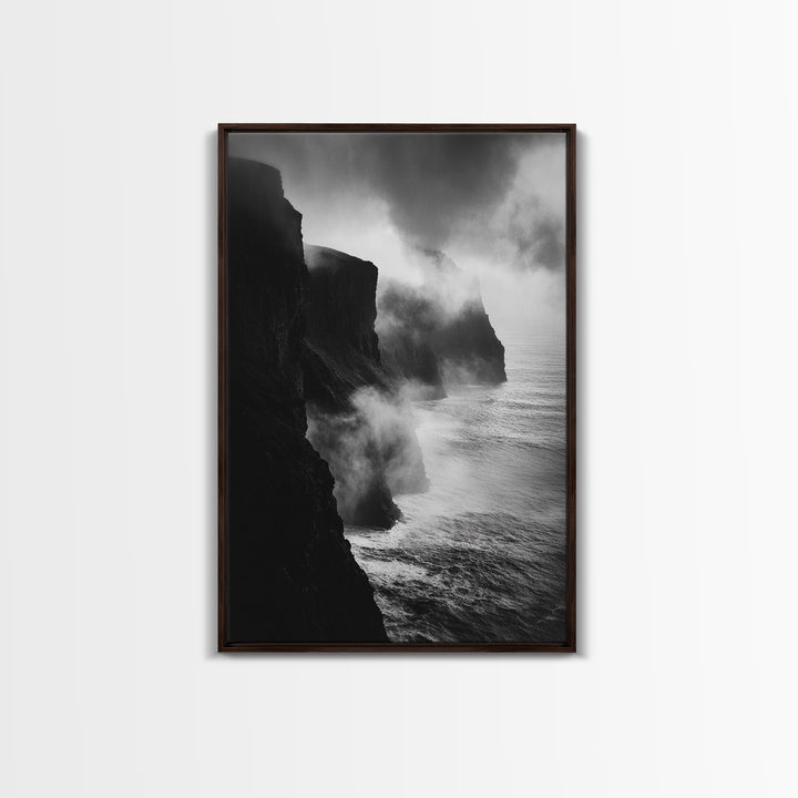 Stormy Cliffs, Ocean Fog, Monochrome Coast, Wild Nature Framed Canvas Print, moody wall art, rustic living room decor, dark aesthetic