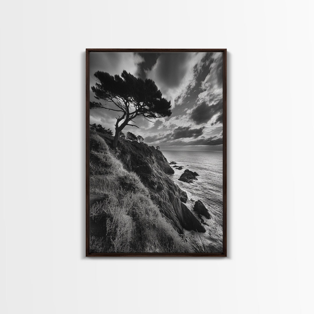 Coastal Pines, Rocky Shore, Windswept Tree, Wild Ocean Framed Canvas Print, rustic cabin art, black and white beach wall decor