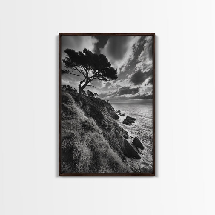 Coastal Pines, Rocky Shore, Windswept Tree, Wild Ocean Framed Canvas Print, rustic cabin art, black and white beach wall decor