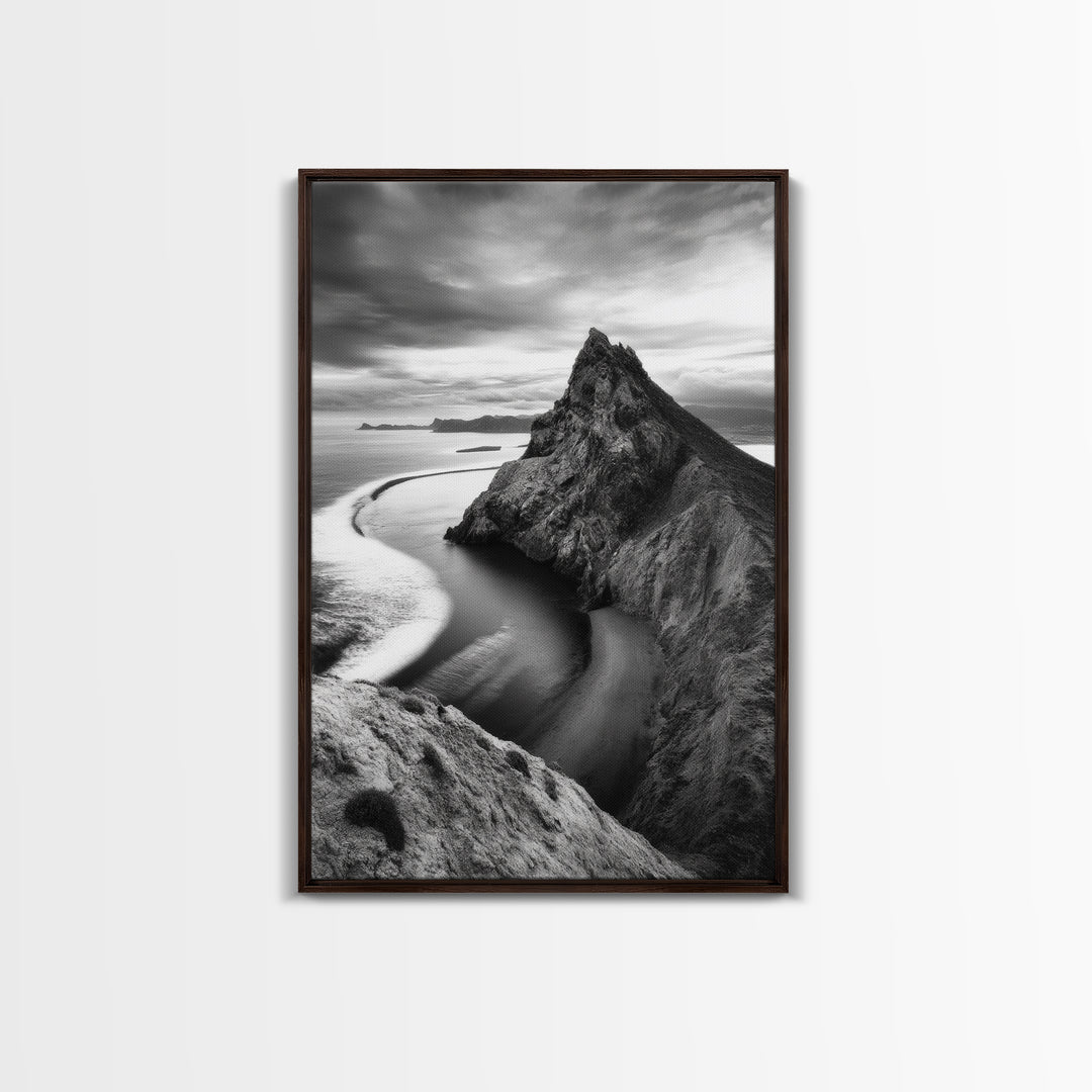 Mountain Peak, Coastal Horizon, Nature Majesty, Serene Edge Framed Canvas Print, modern landscape art, minimalist bedroom decor