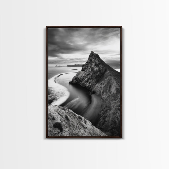 Mountain Peak, Coastal Horizon, Nature Majesty, Serene Edge Framed Canvas Print, modern landscape art, minimalist bedroom decor