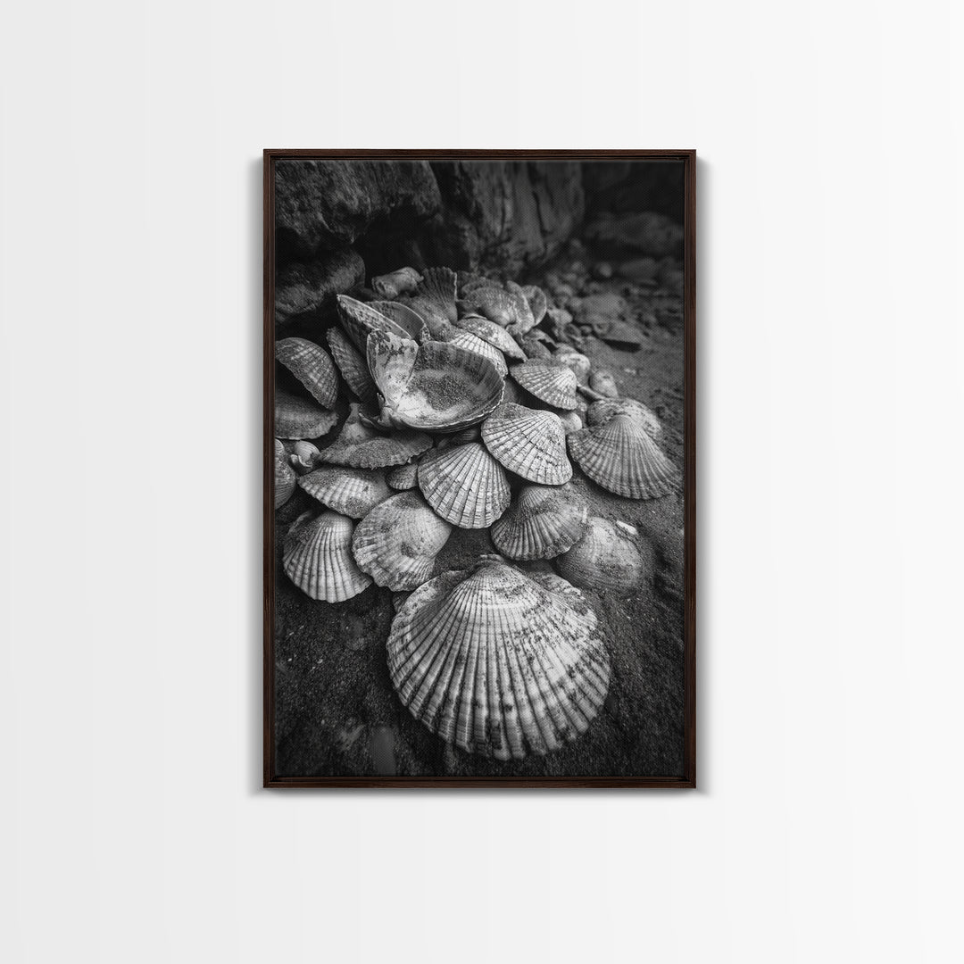 Seashell Pile, Textured Beach, Coastal Treasures, Natural Beauty Framed Canvas Print, bathroom decor, shell art, beach wall style