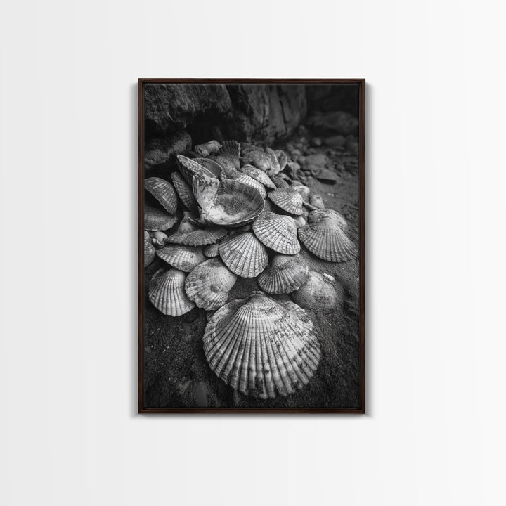 Seashell Pile, Textured Beach, Coastal Treasures, Natural Beauty Framed Canvas Print, bathroom decor, shell art, beach wall style