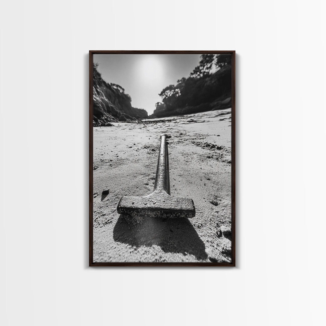 Industrial beach relic, iron hammer, rustic textures, minimalist black and white, Canvas Print, man cave art, coastal masculine decor