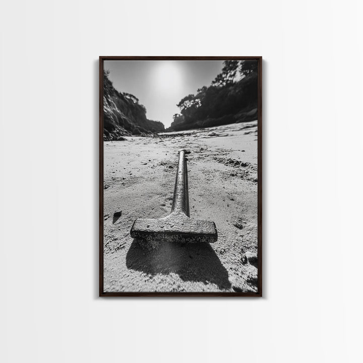 Industrial beach relic, iron hammer, rustic textures, minimalist black and white, Canvas Print, man cave art, coastal masculine decor