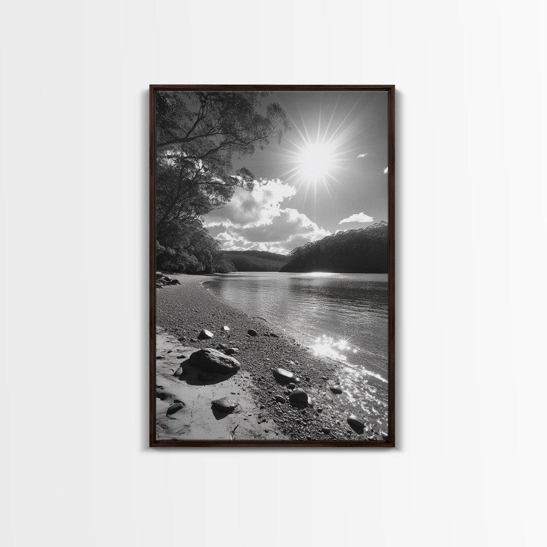Ocean Shoreline, Serene Landscape, Coastal Photography, Canvas Print, Modern Nature Decor, Living Room Wall Art, Black and White Art