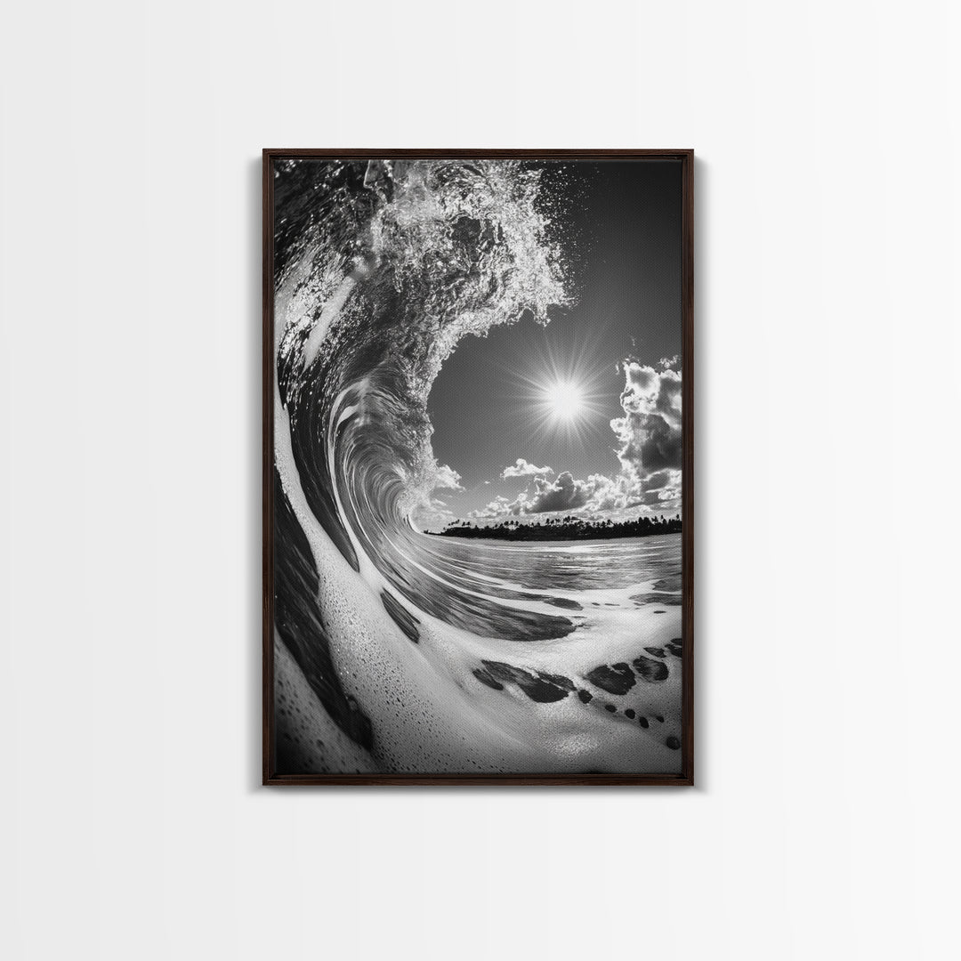 Wave Photography, Surfer Dream, Sea Curl Motion, Framed Canvas Print, Coastal Wall Art, Beach House Decor, Monochrome Ocean Style