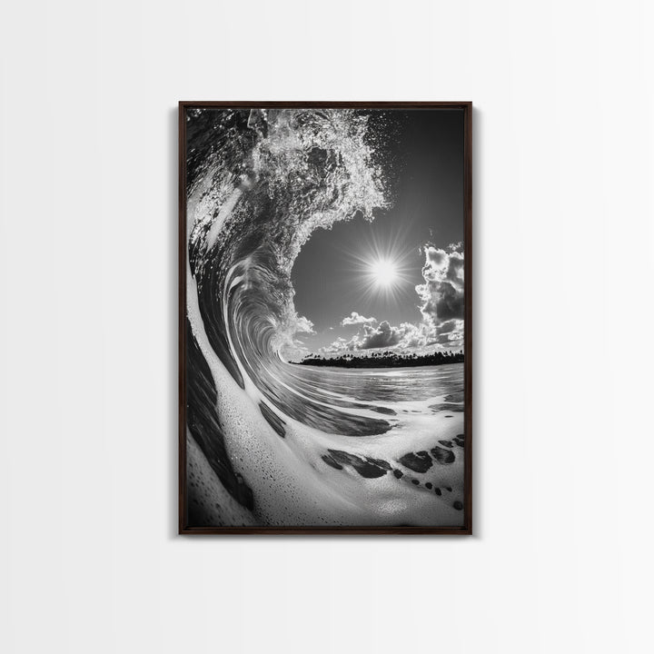 Wave Photography, Surfer Dream, Sea Curl Motion, Framed Canvas Print, Coastal Wall Art, Beach House Decor, Monochrome Ocean Style