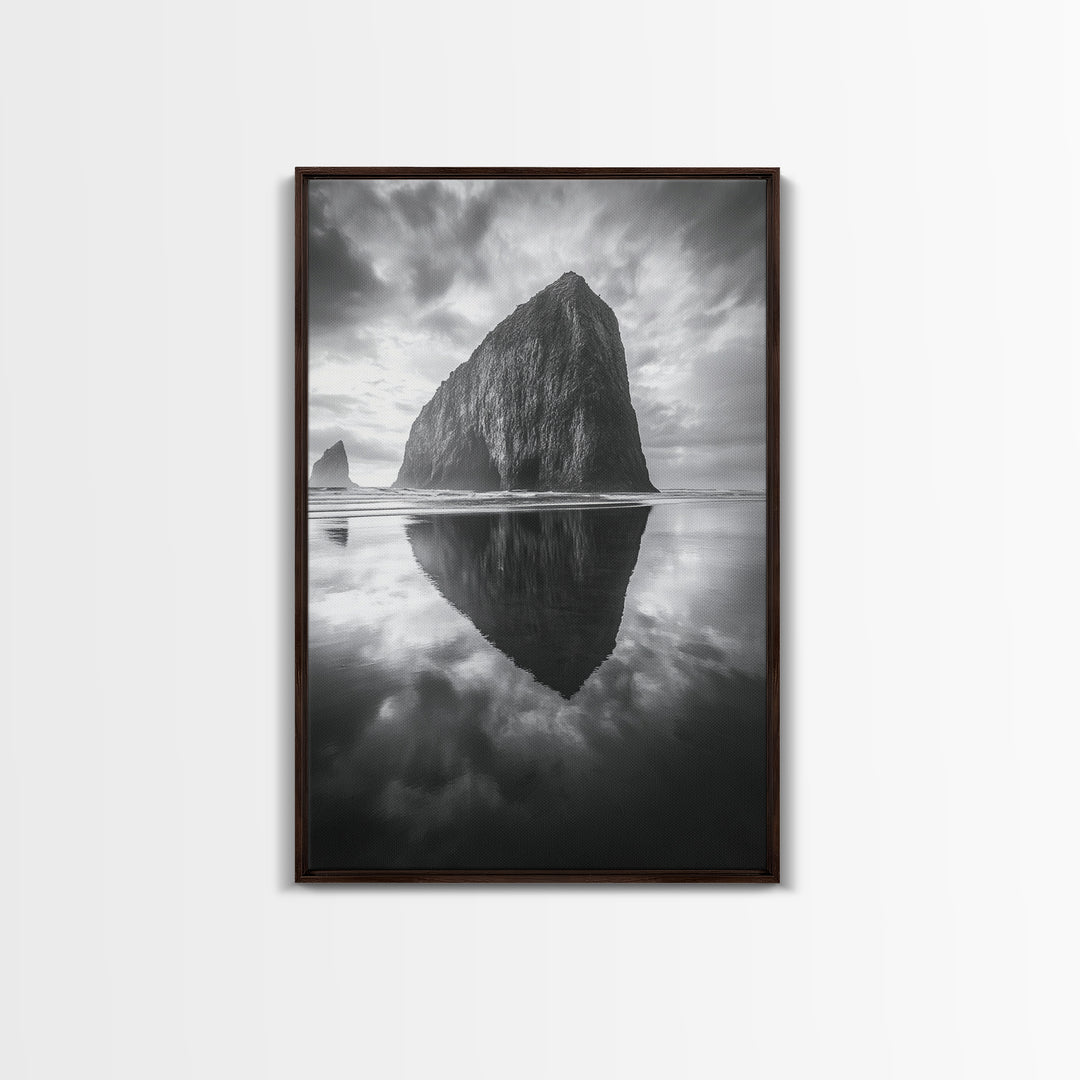 Coastal Rock, Haystack Reflection, Tranquil Beach Scene, Framed Canvas Print, Minimalist Art, Bathroom or Entryway Wall Art