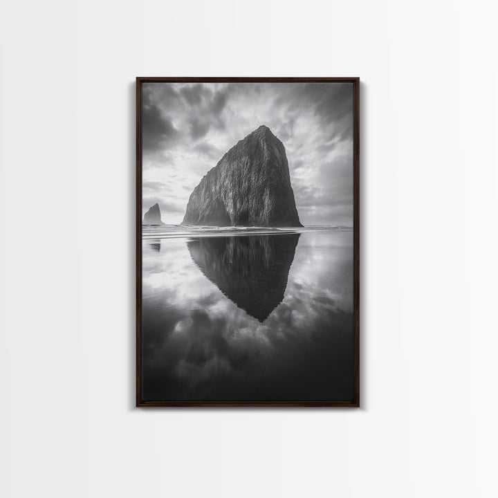 Coastal Rock, Haystack Reflection, Tranquil Beach Scene, Framed Canvas Print, Minimalist Art, Bathroom or Entryway Wall Art