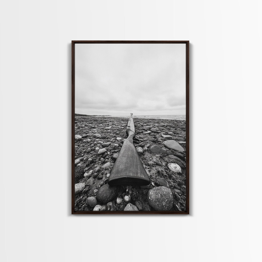 Rifle on Pebbles, Rustic Coastal, Survivalist Aesthetic, Canvas Print, Cabin Wall Art, Masculine Decor, Nature Minimalist Style