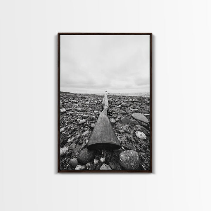 Rifle on Pebbles, Rustic Coastal, Survivalist Aesthetic, Canvas Print, Cabin Wall Art, Masculine Decor, Nature Minimalist Style