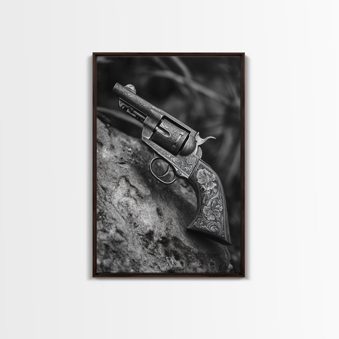 Floral Engraved Revolver, Vintage Western Gun, Cowboy Detail Shot, Canvas Print, Man Cave Art, Rustic Americana Wall Style