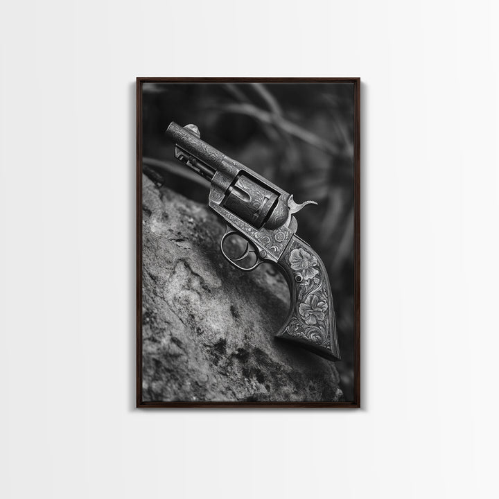Floral Engraved Revolver, Vintage Western Gun, Cowboy Detail Shot, Canvas Print, Man Cave Art, Rustic Americana Wall Style