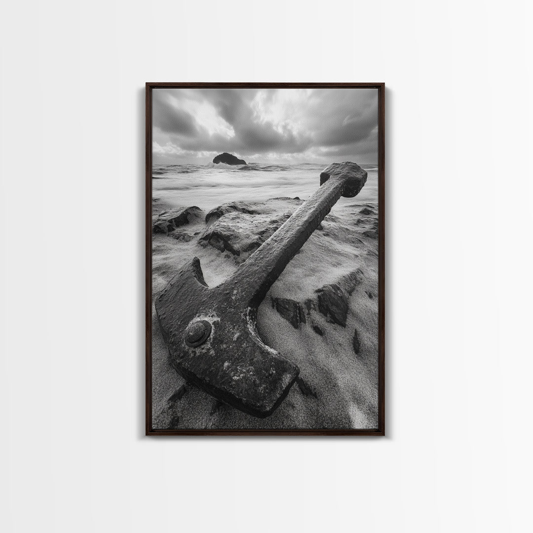 Ocean anchor scene, nautical coastal vibes, shipwreck inspiration, stormy sky, Framed Canvas Print, entryway art, maritime wall decor