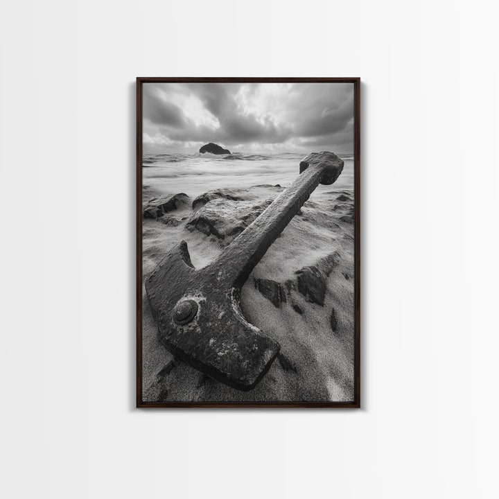 Ocean anchor scene, nautical coastal vibes, shipwreck inspiration, stormy sky, Framed Canvas Print, entryway art, maritime wall decor