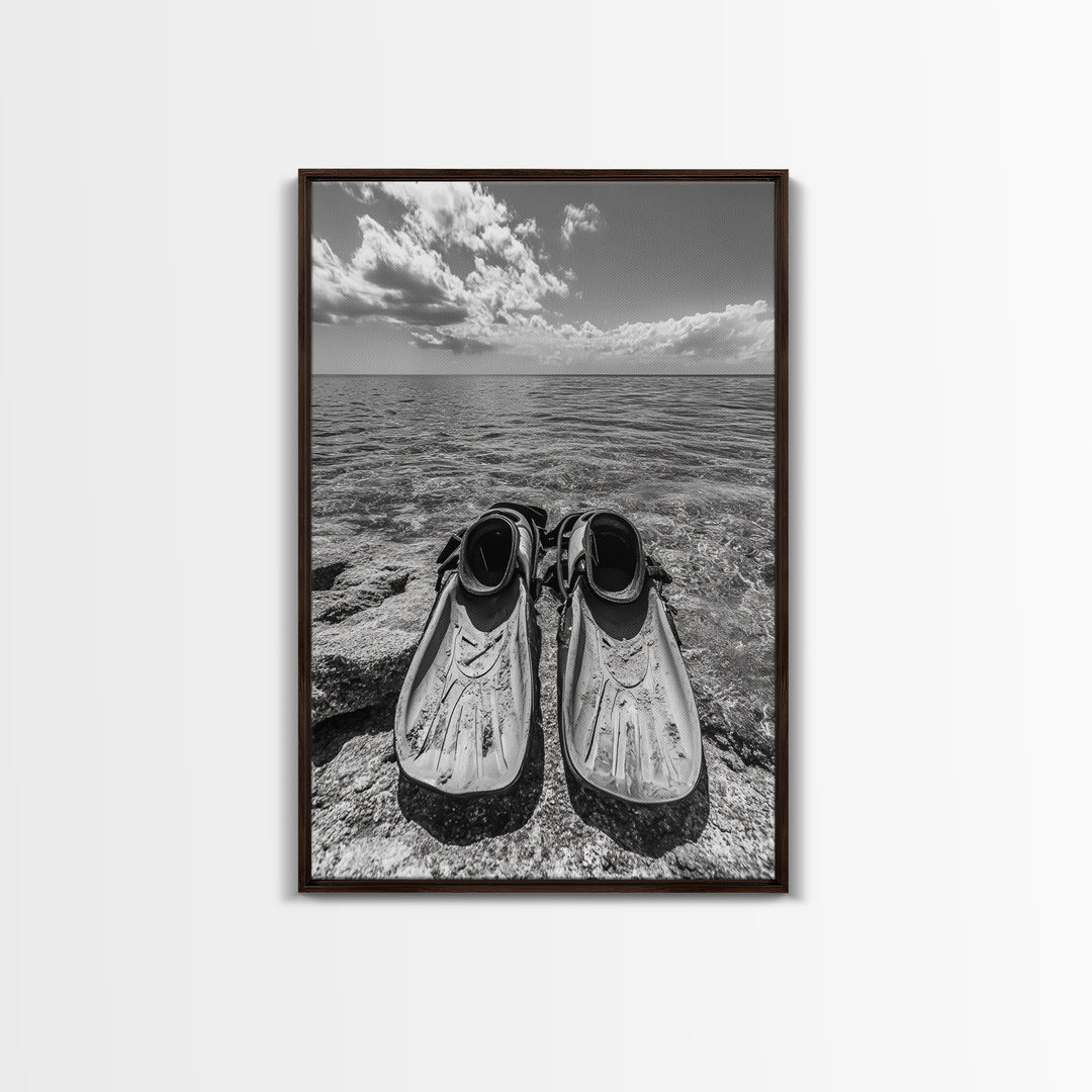 Ocean Fins, Coastal Escape, Underwater Adventure, Canvas Print, Beach Bathroom Wall Art, Nautical Photography, Black and White Decor
