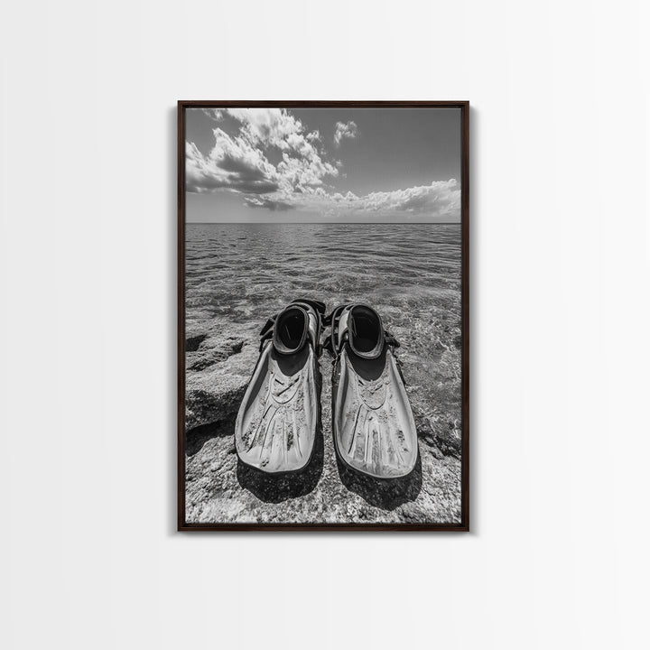 Ocean Fins, Coastal Escape, Underwater Adventure, Canvas Print, Beach Bathroom Wall Art, Nautical Photography, Black and White Decor