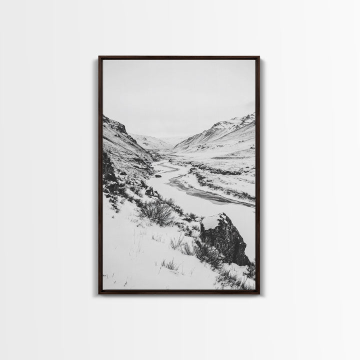 Snowy Canyon, Winter Valley, Frozen Landscape, Framed Canvas Print, Minimalist Wall Art, Neutral Living Room or Office Decor