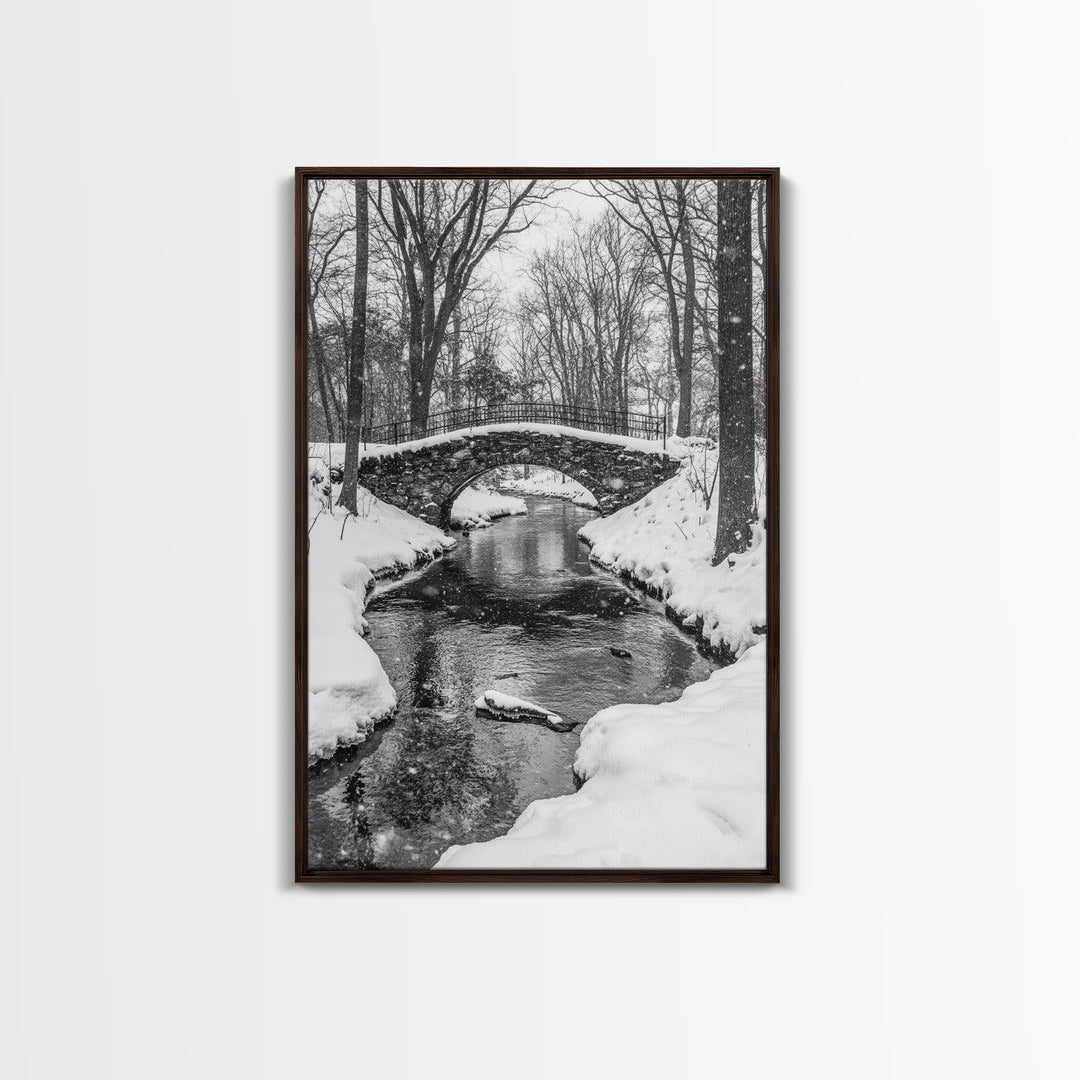 Stone Bridge, Winter Stream, Historic Pathway, Framed Canvas Print, Snowy Landscape Art, Traditional Living Room Wall Decor
